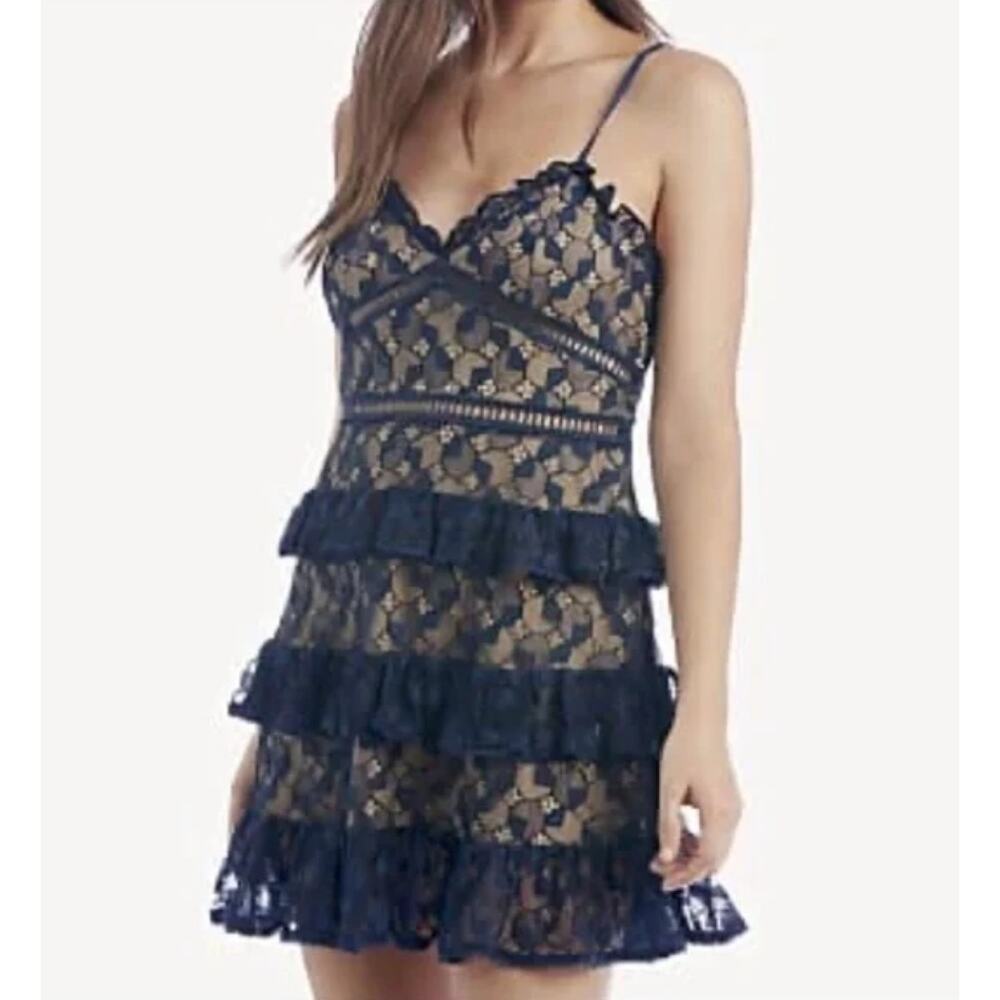 J.O.A. Revolve Tiered Ruffle Dress Small Nude Navy Blue Lace New Years Holiday